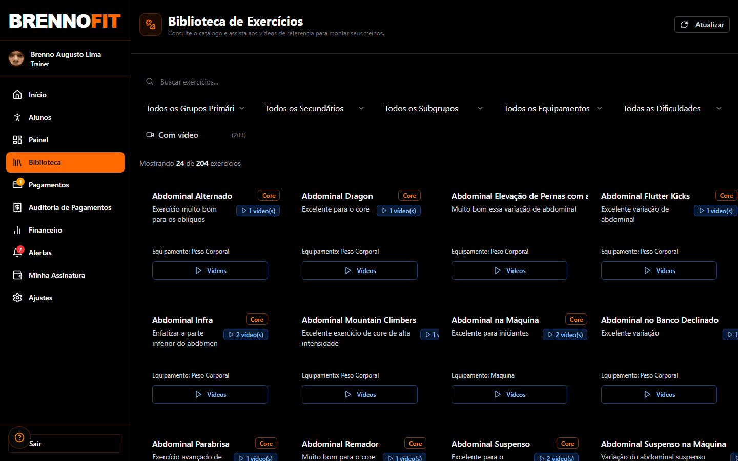 Biblioteca com 240+ exercícios em vídeo